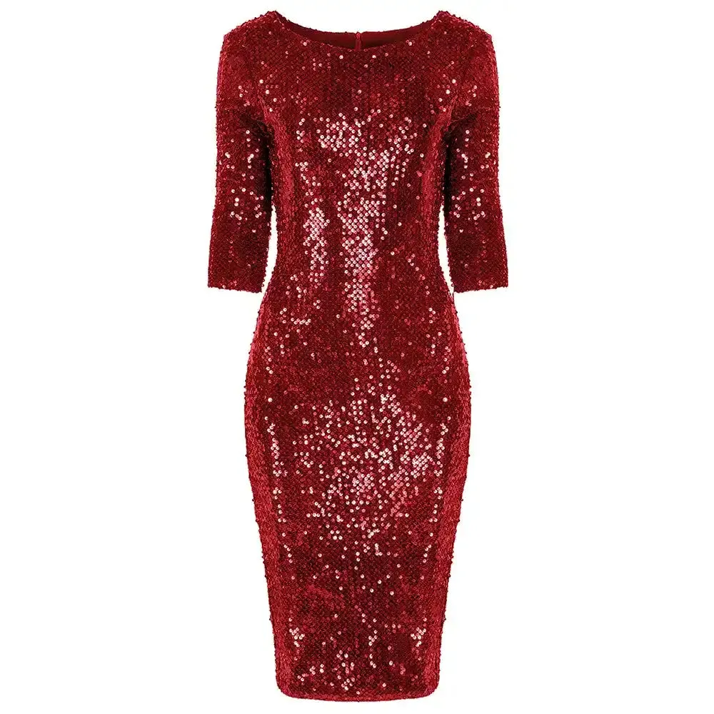 Red Velour Sequin Wiggle Dress