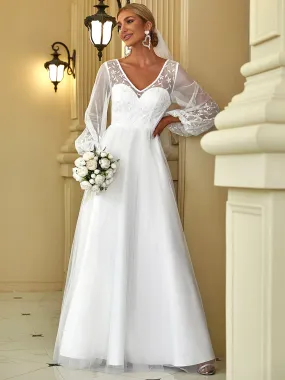 Robe de mariée longueur au sol avec appliques à manches longues