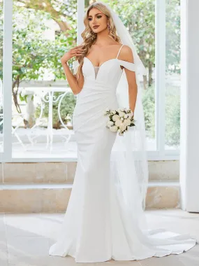 Robe de Mariée plissée Col en V profond et Bretelles Fines