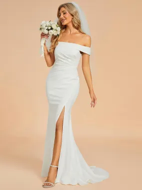 Robe de mariée sirène plissée à épaules dénudées et fente haute