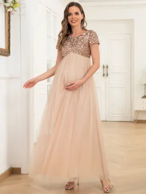 Robe de maternité Col rond manches courtes paillettes tulle taille empire