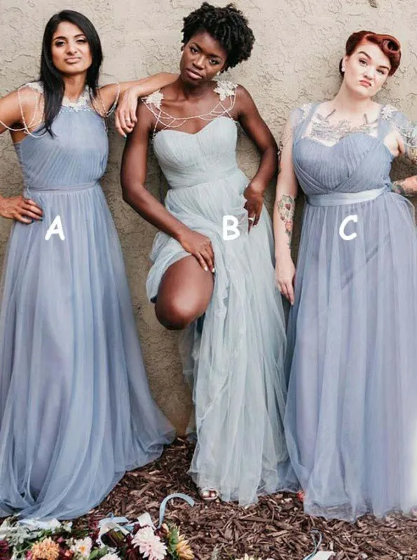 Round Neck Pleated Long Blue Tulle Bridesmaid Dress