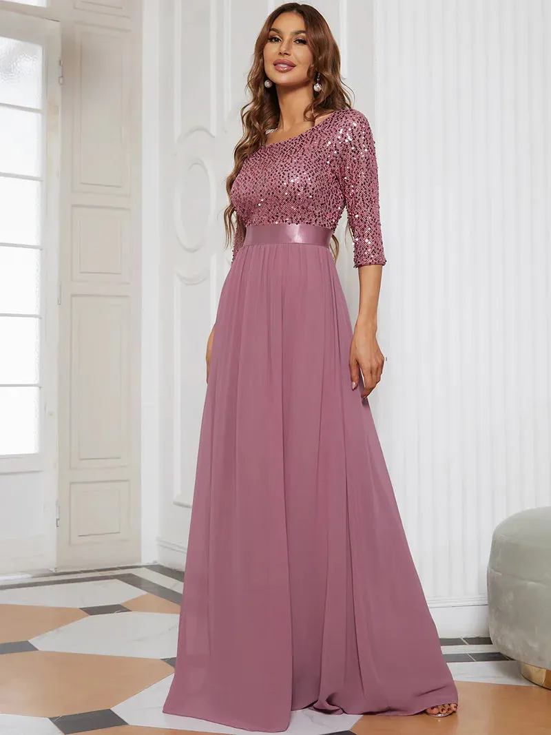 Sequin Top Three Quarter Sleeve Evening Dress