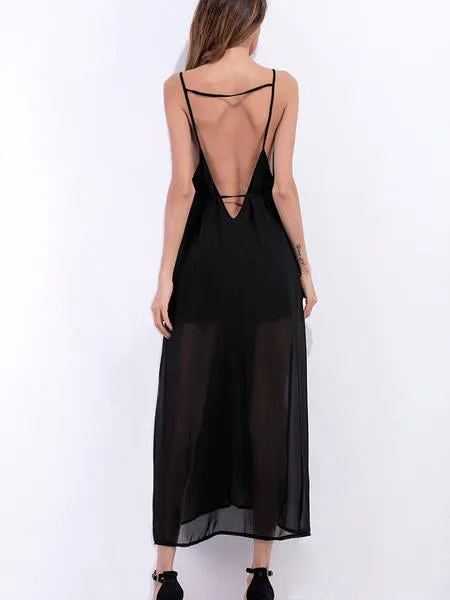 Sexy Deep V-neck Backless Slit Lacing Dress