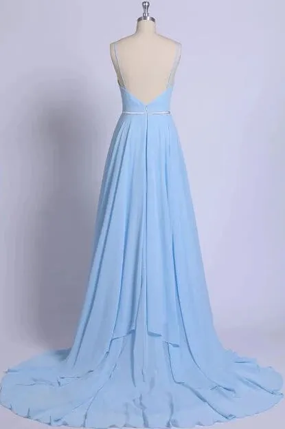 Sexy Sky Blue Spaghetti Long Prom Dresses, Chiffon Backless Evening Dresses