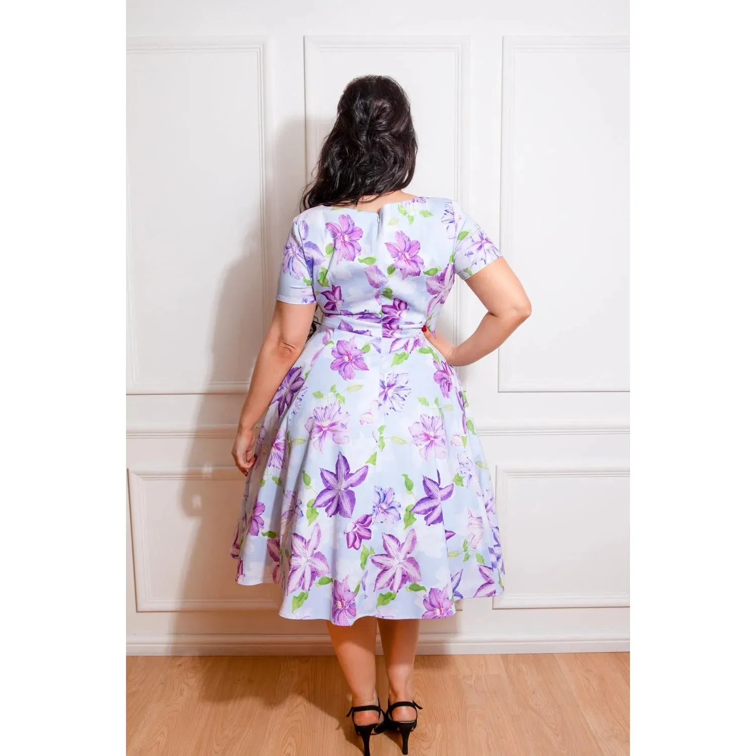 Sky Blue And Purple Floral Short Sleeve 50s Swing Dress