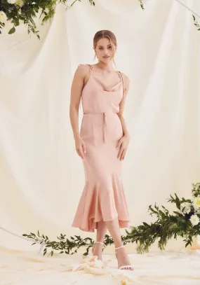 Sophia Cowl Neck Fishtail Satin Midi Dress - Rose Pink