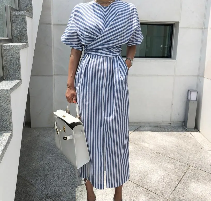 Stripe Batwing Sleeve Midi Dress