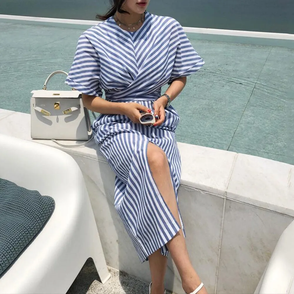 Stripe Batwing Sleeve Midi Dress