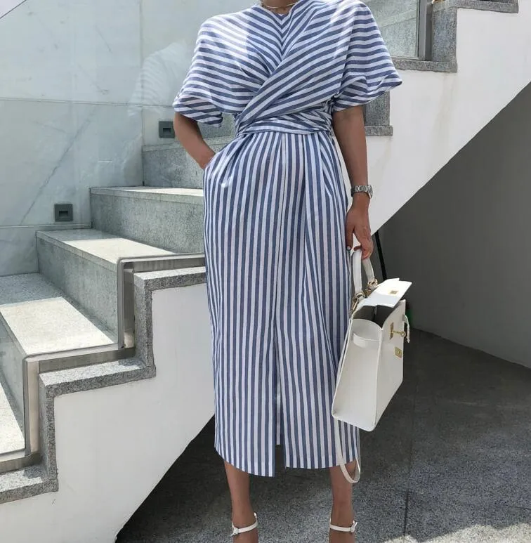 Stripe Batwing Sleeve Midi Dress