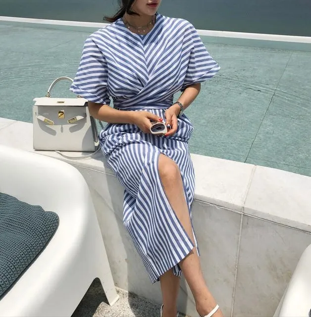 Stripe Batwing Sleeve Midi Dress