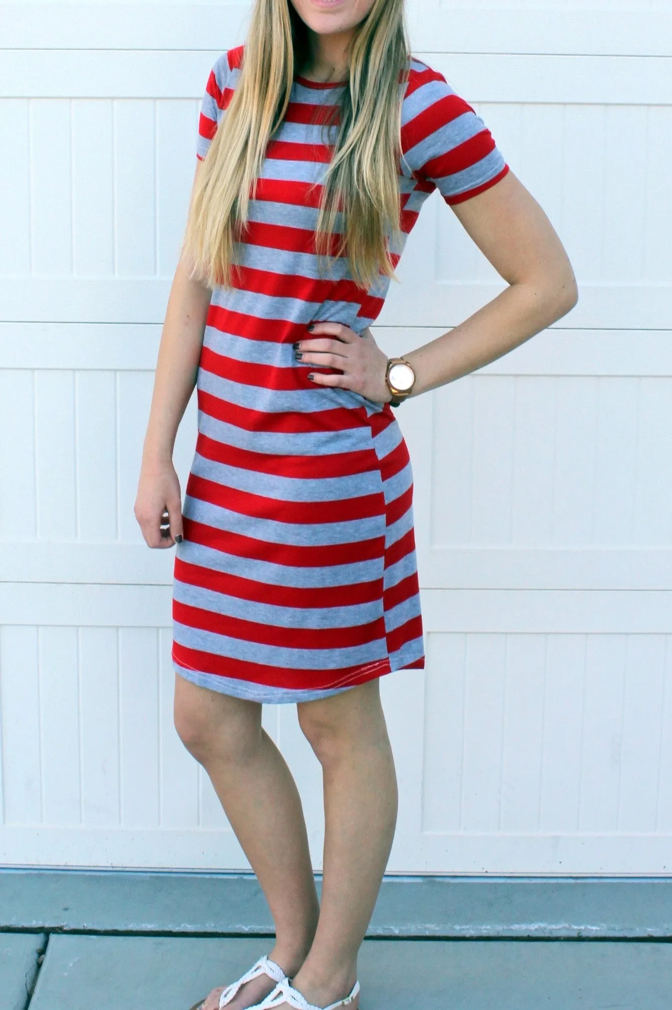 Striped Tee Dress: Red and Gray Thick Stripes