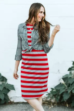 Striped Tee Dress: Red and Gray Thick Stripes