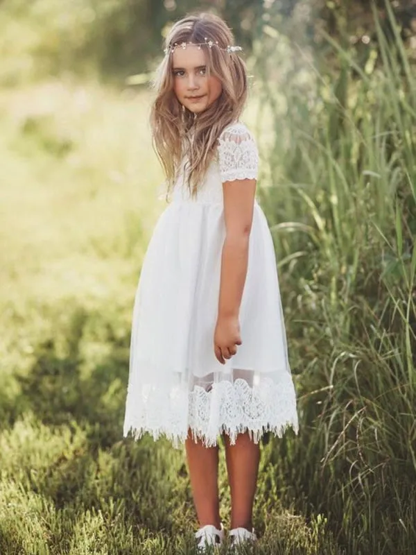 Tulle Jewel Neck Short SleevesFlower Girl Dresses A Line Kids Party Dresses