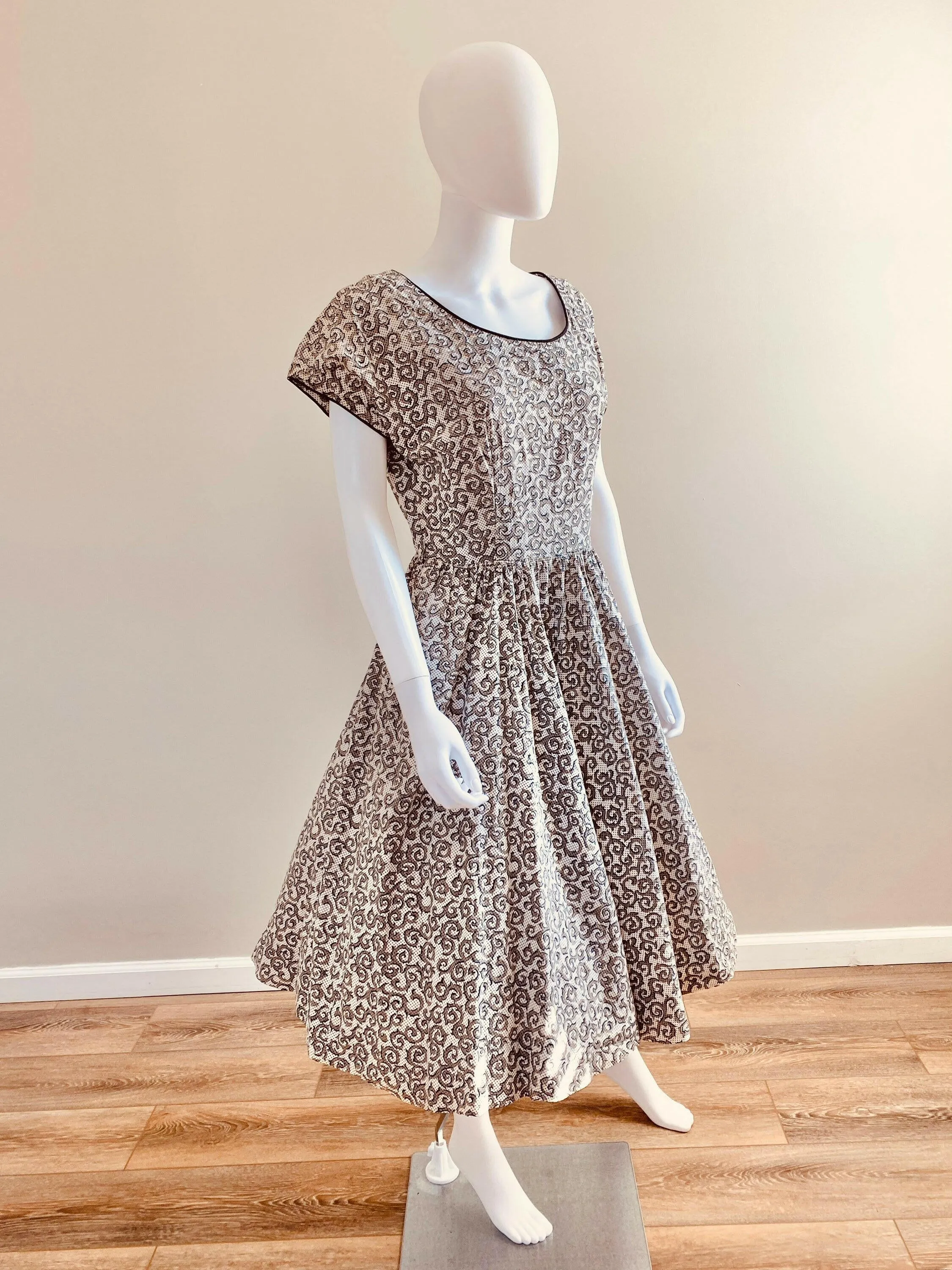 Vintage 1950s Black and White Cotton Day Dress with Rhinestones / 50s retro polka dot fit and flare casual dress with pockets / Size S