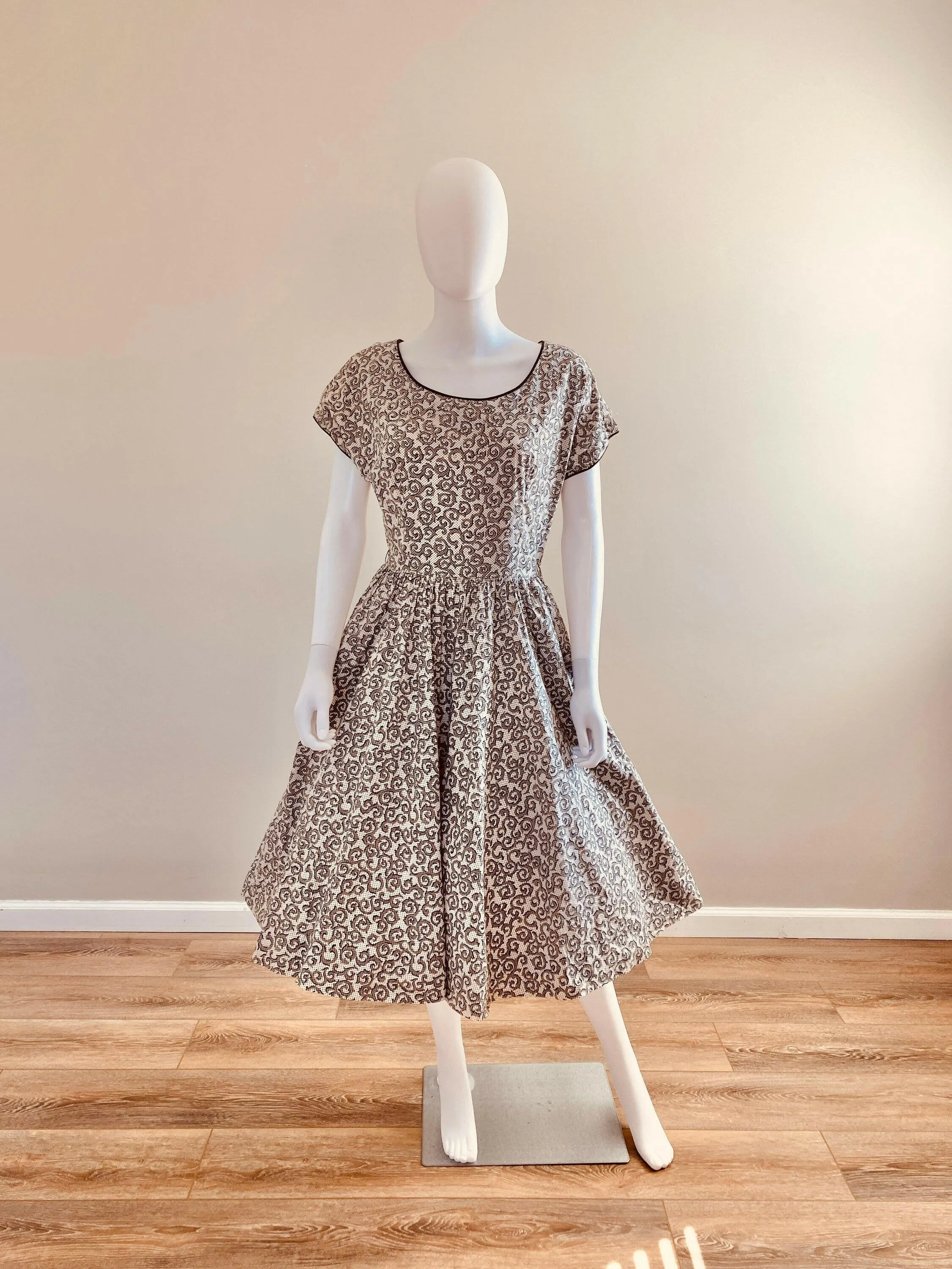 Vintage 1950s Black and White Cotton Day Dress with Rhinestones / 50s retro polka dot fit and flare casual dress with pockets / Size S