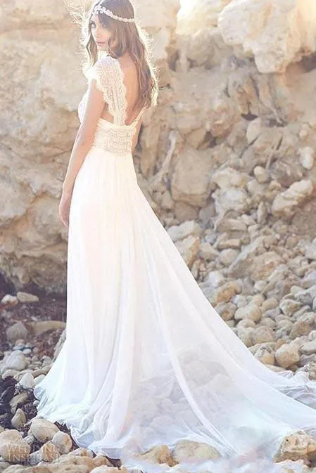 Vintage V Neck Backless Boho Beach Wedding Dresses with Cap Sleeves