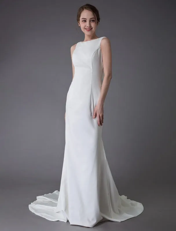 Wedding Dresses Ivory Sheath Simple Bridal Dress Cowl Back Beach Wedding Gowns With Train