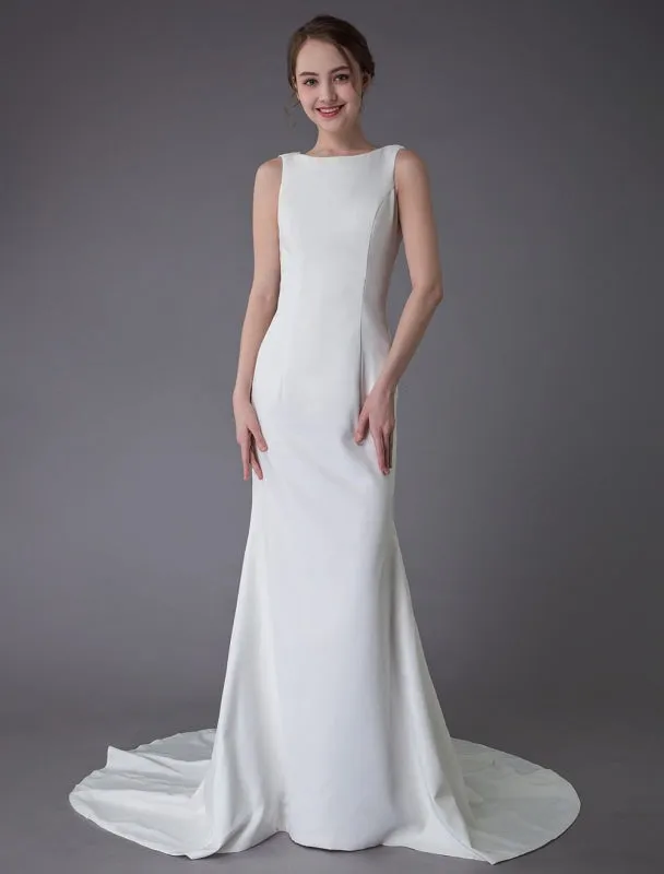 Wedding Dresses Ivory Sheath Simple Bridal Dress Cowl Back Beach Wedding Gowns With Train