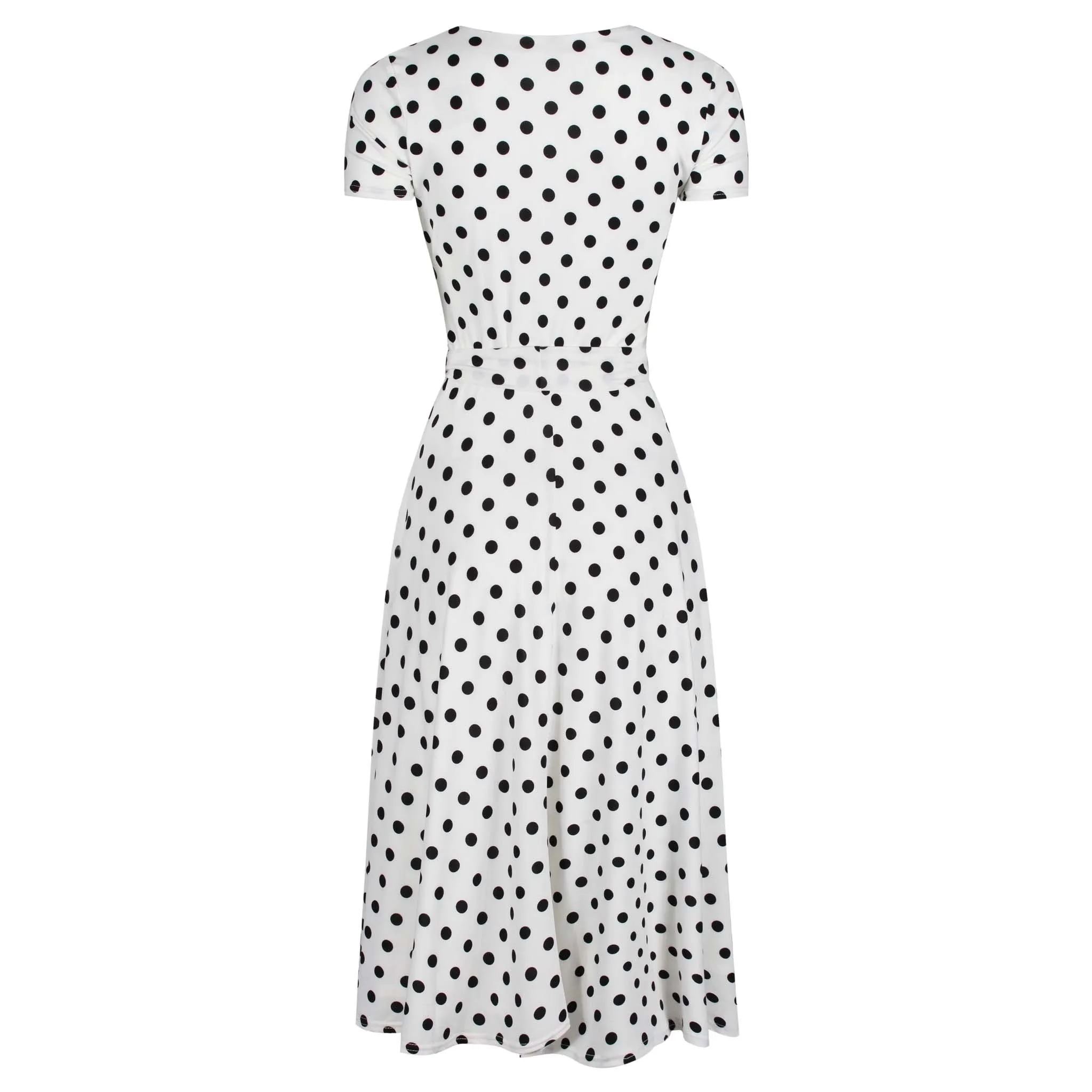 White & Black Polka Dot Cap Sleeve Fit And Flare Midi Dress