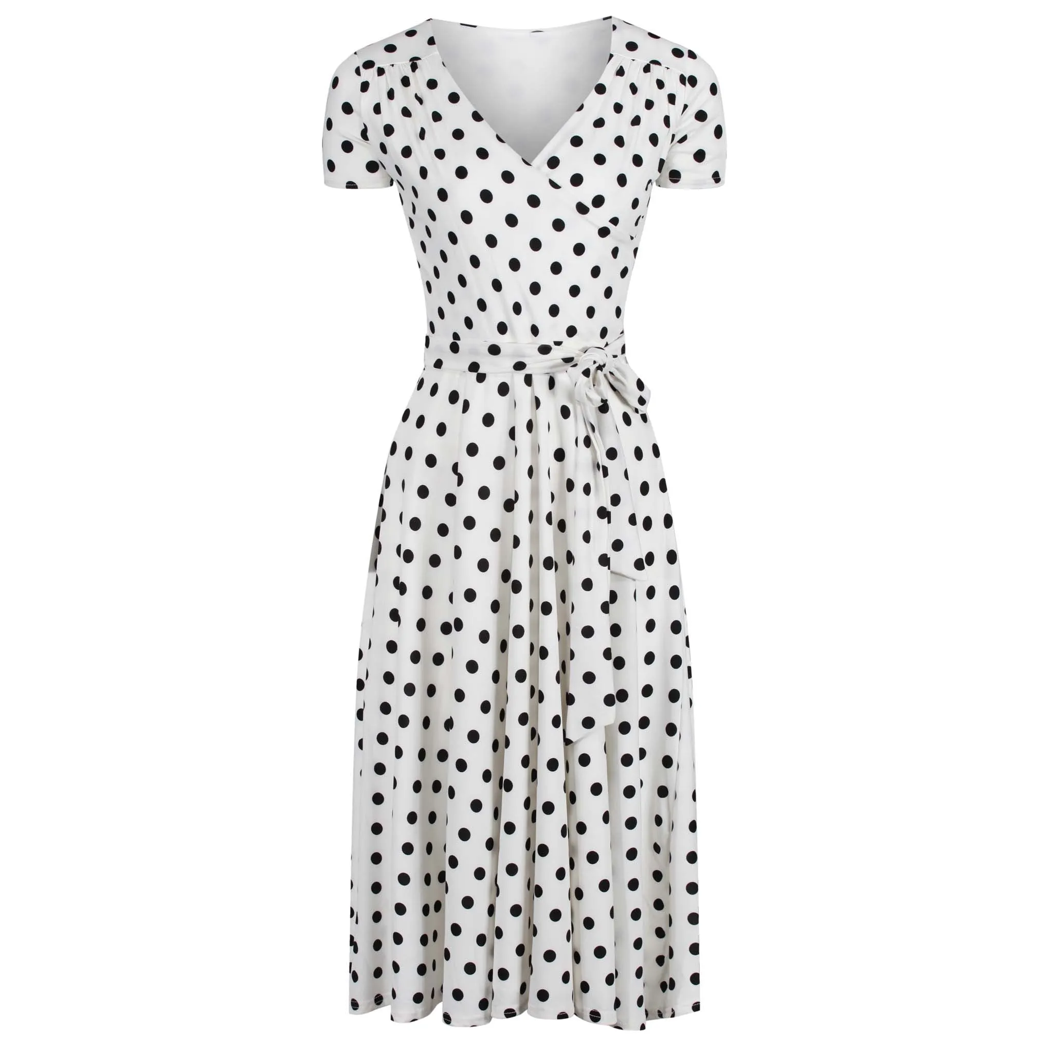 White & Black Polka Dot Cap Sleeve Fit And Flare Midi Dress