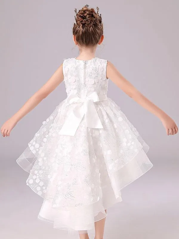 White Formal Kids Pageant Dresses Jewel Neck Sleeveless Flower Girl Dresses with Bows