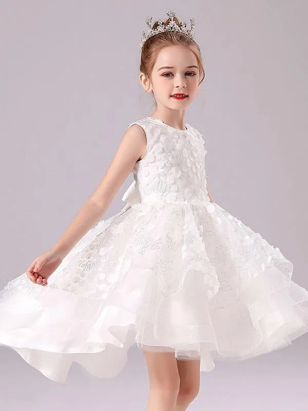 White Formal Kids Pageant Dresses Jewel Neck Sleeveless Flower Girl Dresses with Bows