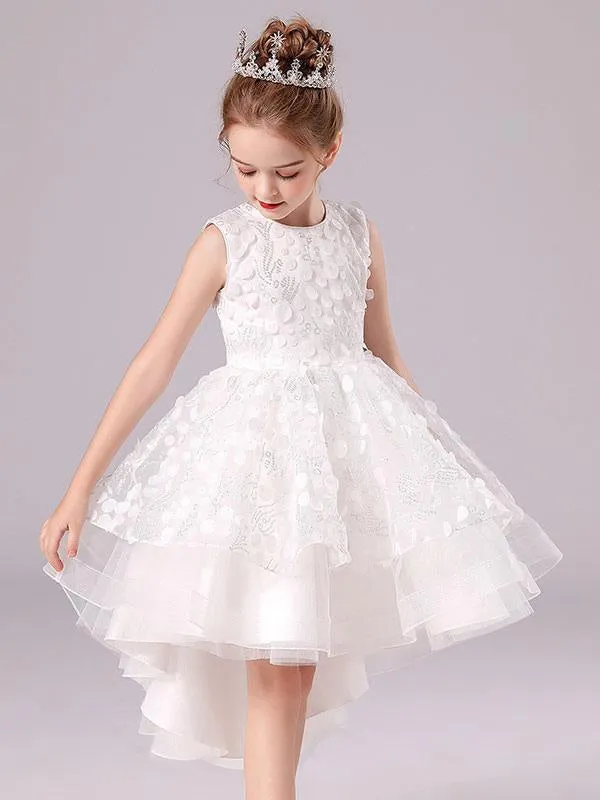 White Formal Kids Pageant Dresses Jewel Neck Sleeveless Flower Girl Dresses with Bows