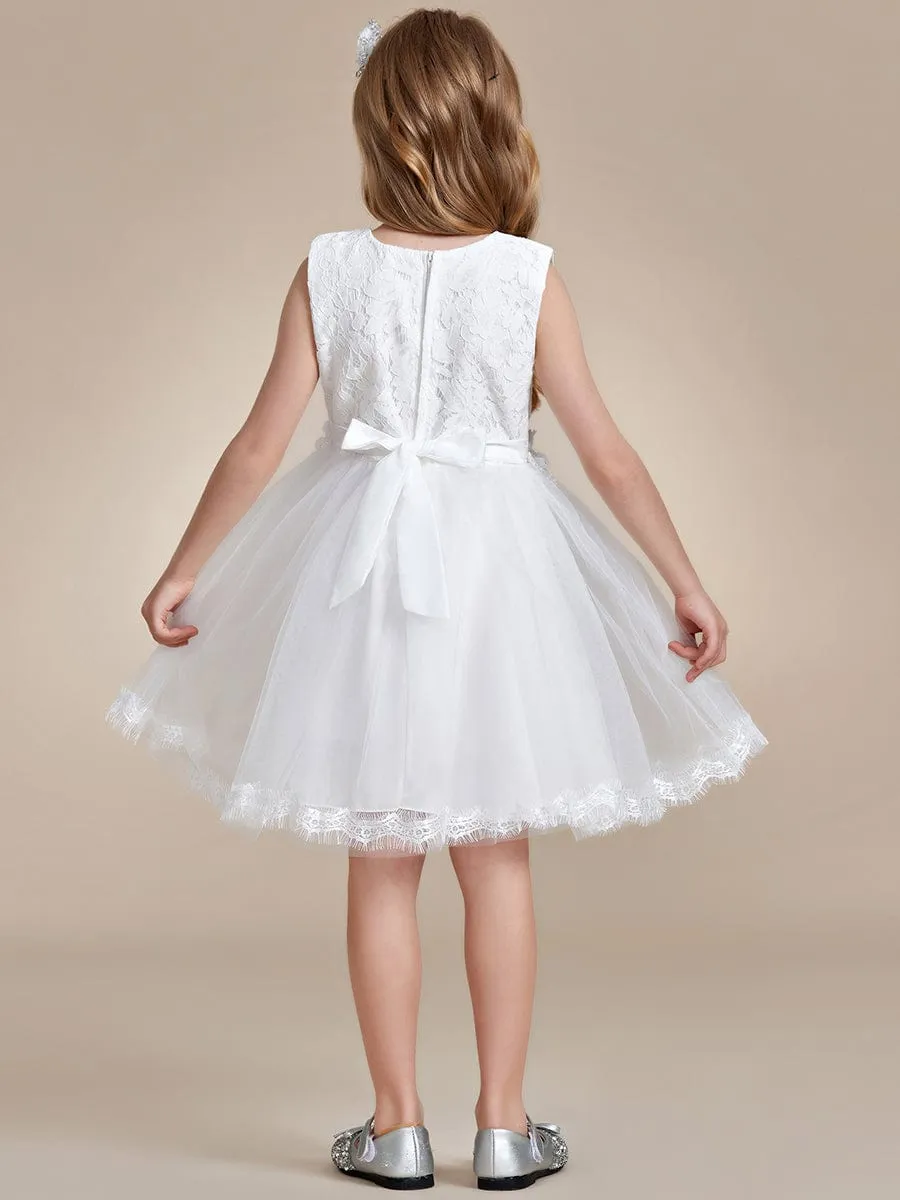 White Lace Tulle Flower Girl Dress with Bow Back Detail