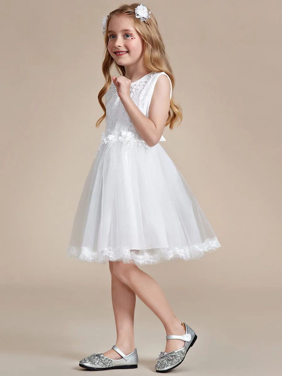 White Lace Tulle Flower Girl Dress with Bow Back Detail