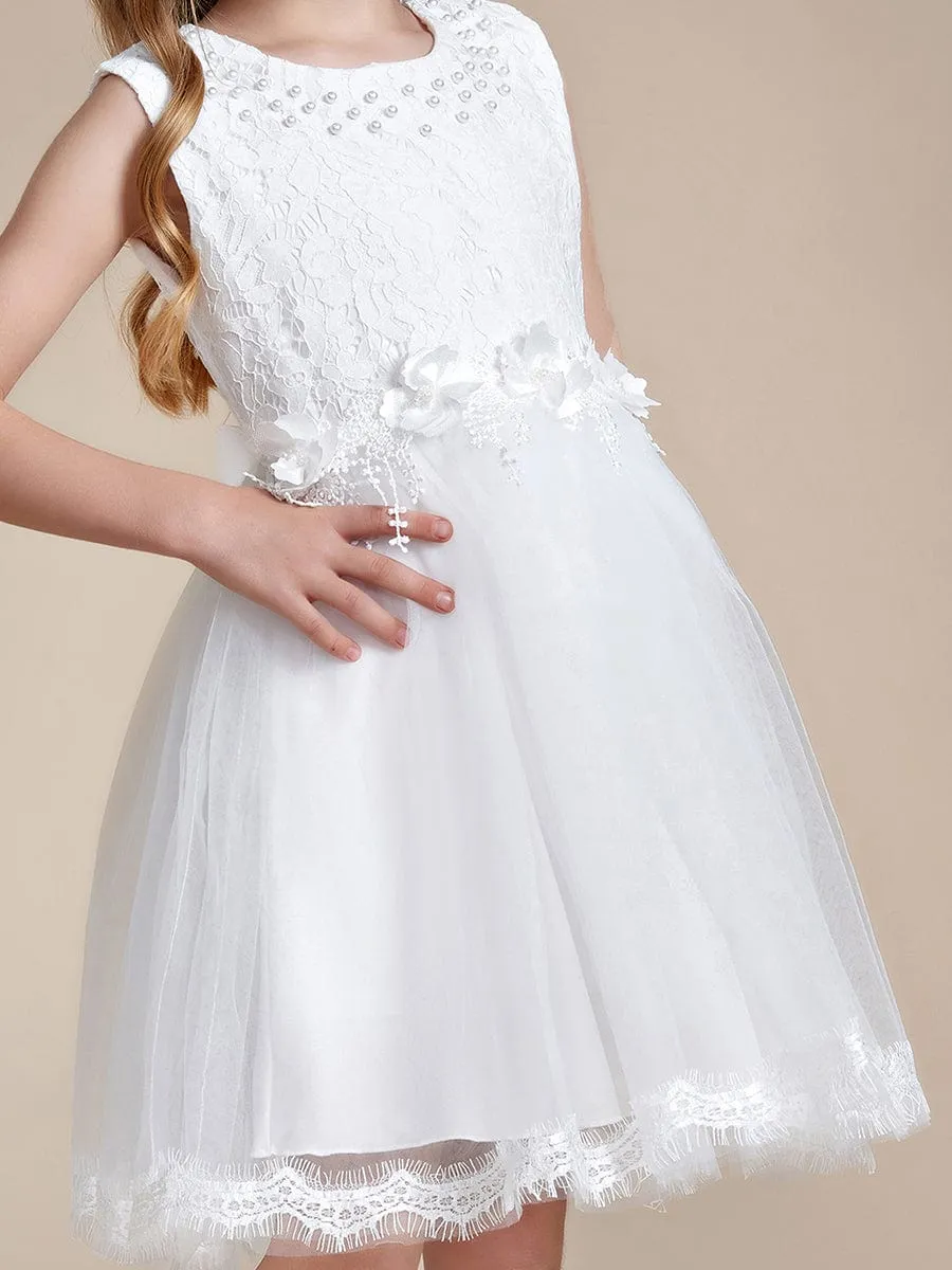 White Lace Tulle Flower Girl Dress with Bow Back Detail